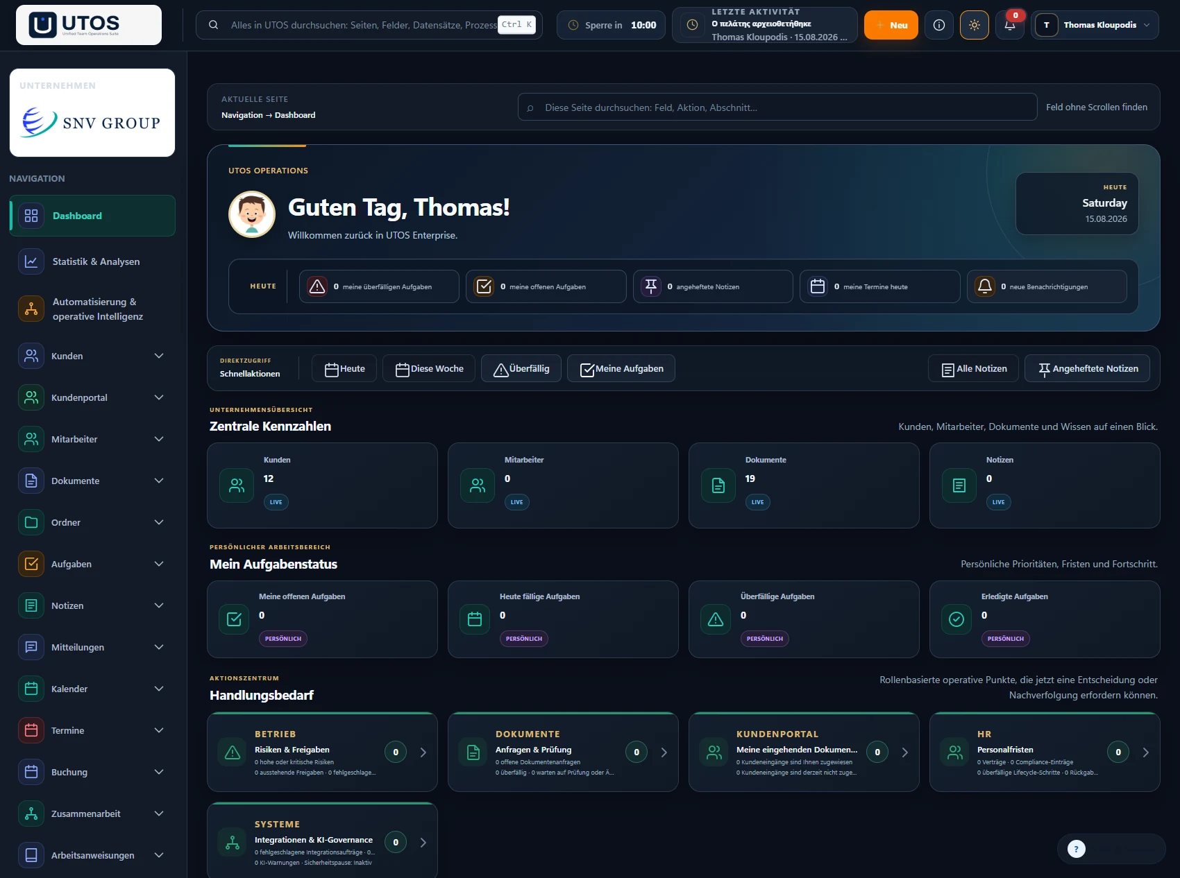 UTOS Business Operations Plattform mit Dashboard, Aufgaben und operativer Steuerung