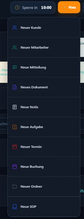 UTOS Schnellmenü zum Erstellen neuer Kunden, Mitarbeitender, Dokumente, Aufgaben und Termine